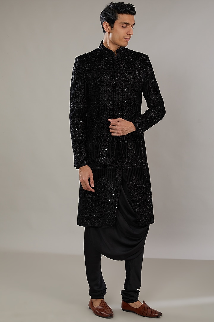 Black Velvet Embroidered Indowestern Set by AL USTAAD