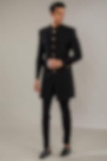 Black Suiting Wedding Sherwani set by AL USTAAD at Pernia's Pop Up Shop