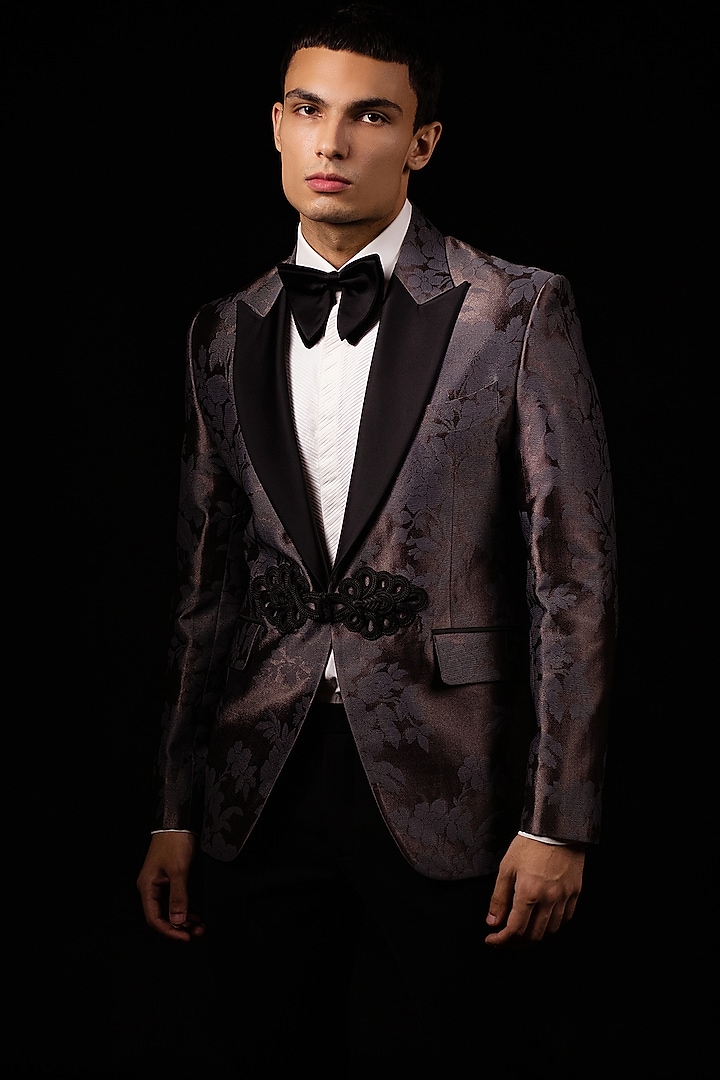 Metallic Maroon Italian Jacquard Tuxedo Set by AL USTAAD