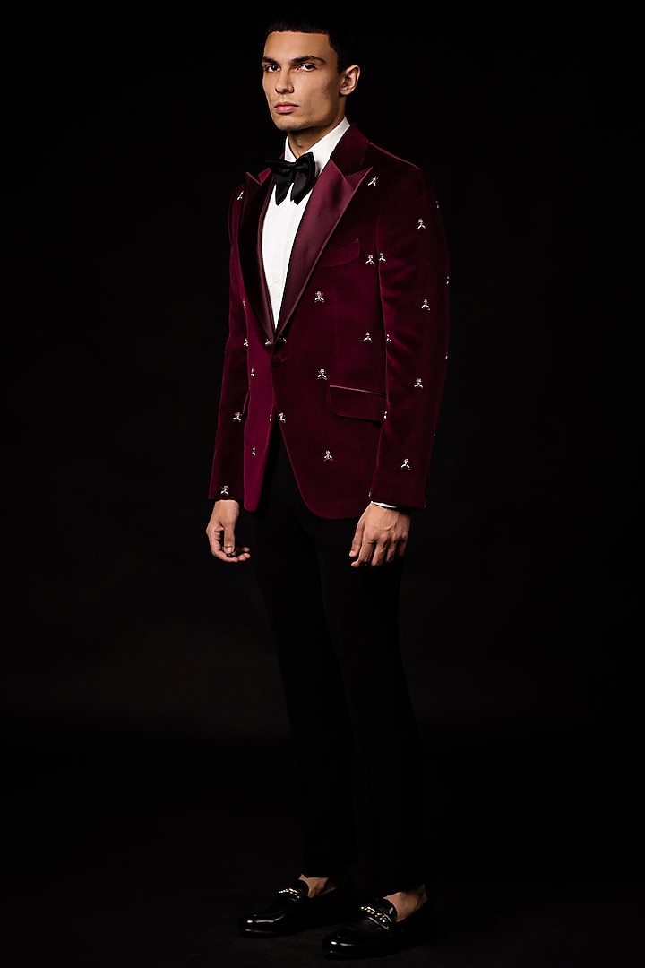 Wine Cotton Velvet Tuxedo Set by AL USTAAD at Pernia's Pop Up Shop