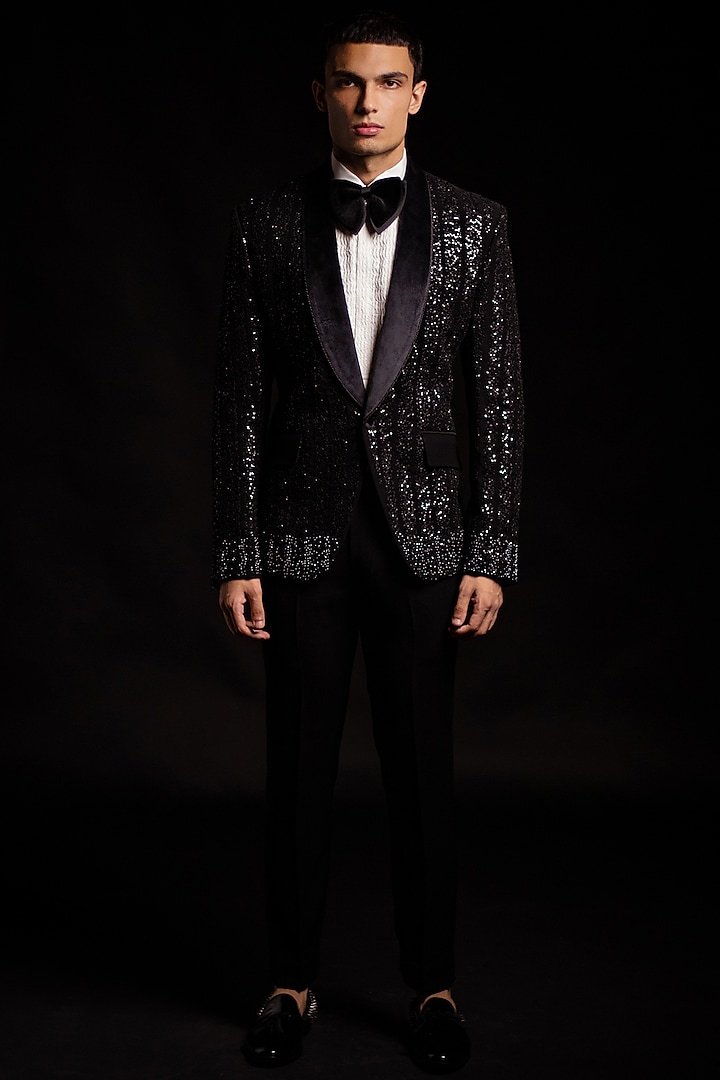 Black Italian Jacquard Tuxedo Set by AL USTAAD at Pernia's Pop Up Shop