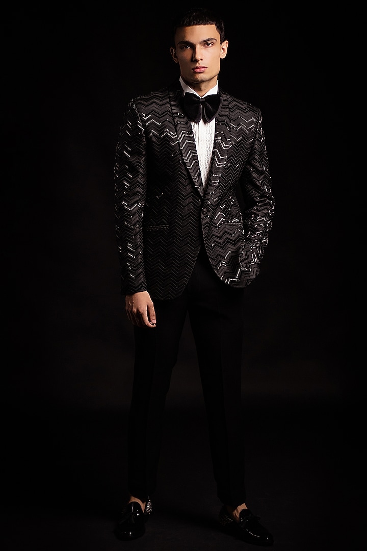 Black Italian Jacquard Tuxedo Set by AL USTAAD at Pernia's Pop Up Shop