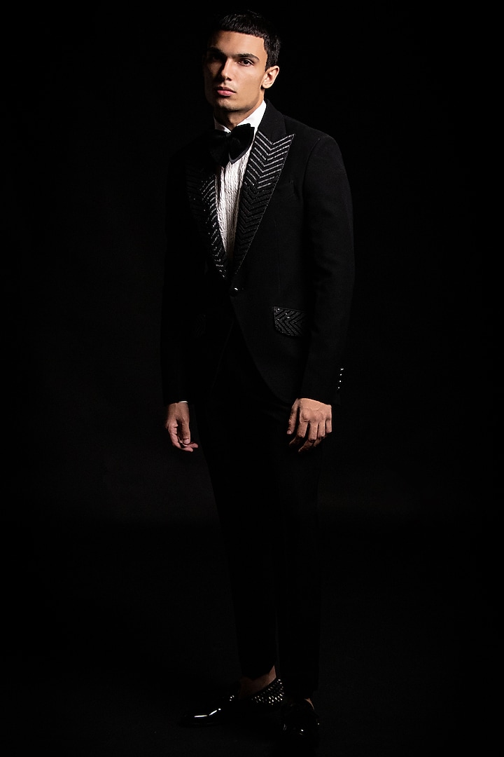 Black Italian Stretch Tuxedo Set by AL USTAAD at Pernia's Pop Up Shop