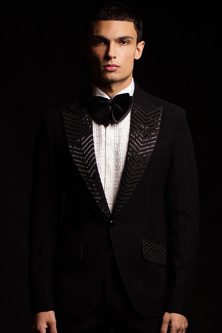 Black Italian Stretch Tuxedo Set by AL USTAAD at Pernia's Pop Up Shop