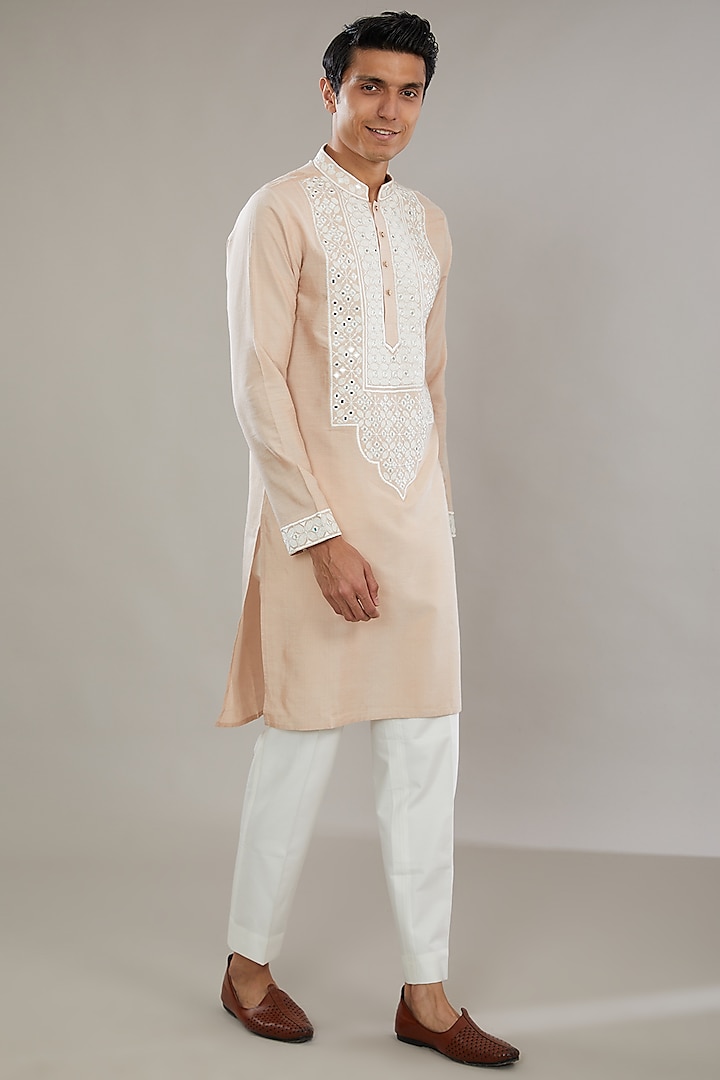 Beige Cotton Silk Embroidered Kurta Set by AL USTAAD