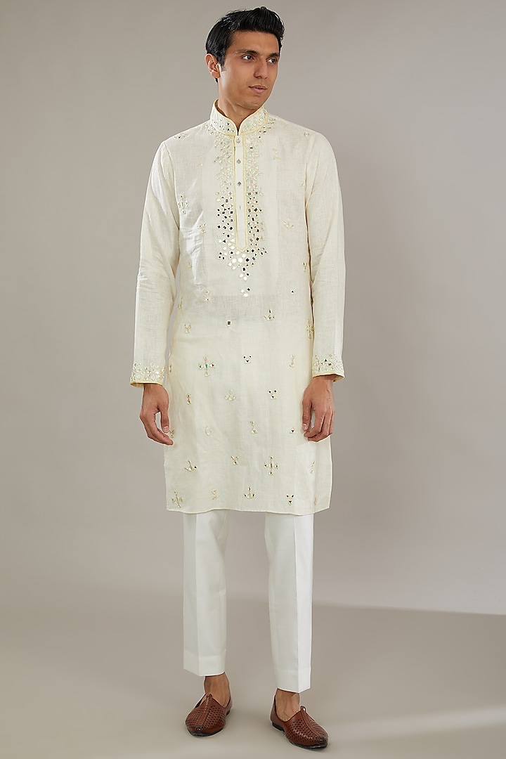 White Linen Embroidered Kurta Set by AL USTAAD