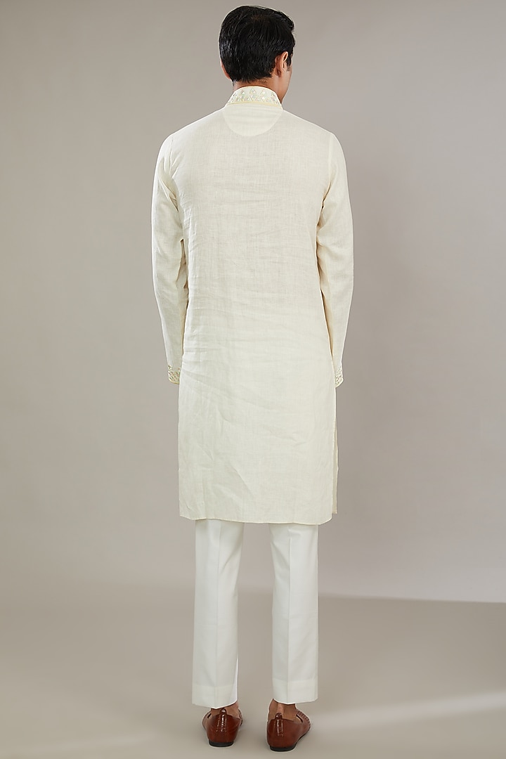 White Linen Embroidered Kurta Set by AL USTAAD at Pernia's Pop Up Shop