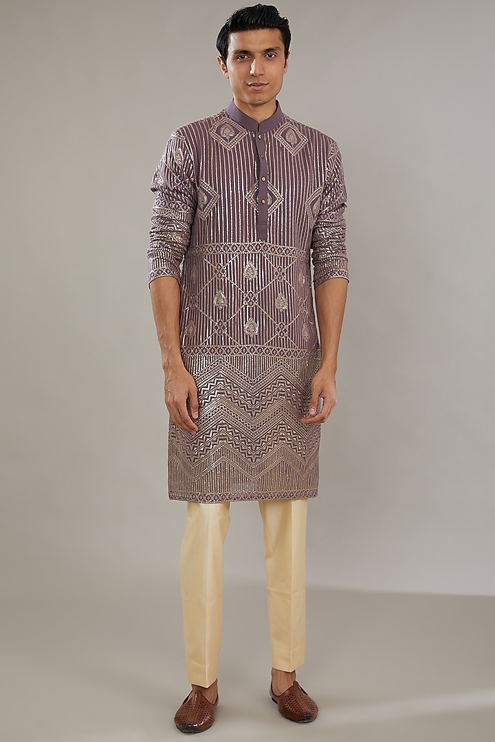 Maroon Semi Raw Silk Embroidered Kurta Set by AL USTAAD