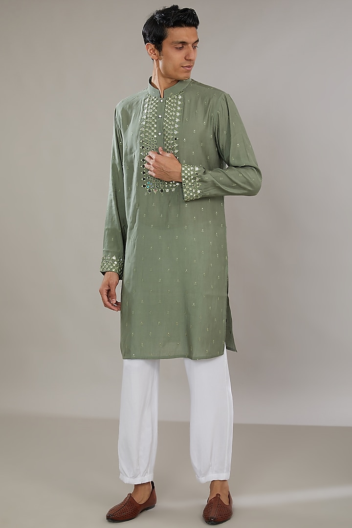 Green Cotton Silk Embroidered Kurta Set by AL USTAAD