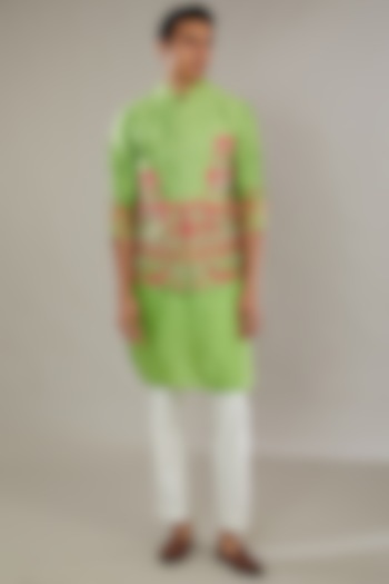Green Raw Silk Embroidered Bundi Set by AL USTAAD at Pernia's Pop Up Shop