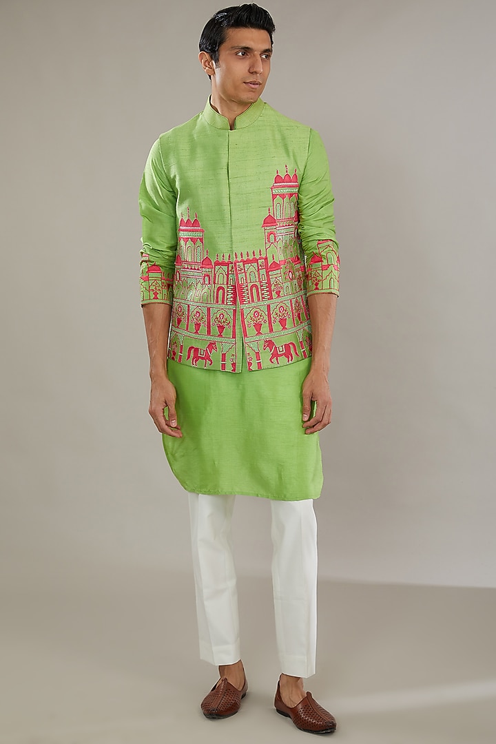 Green Raw Silk Embroidered Bundi Set by AL USTAAD at Pernia's Pop Up Shop
