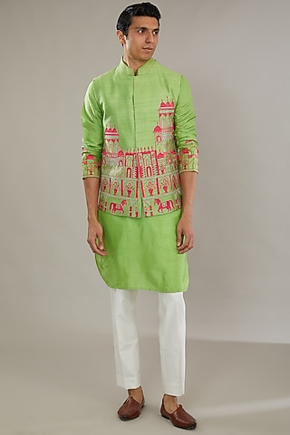 Green Raw Silk Embroidered Bundi Set by AL USTAAD