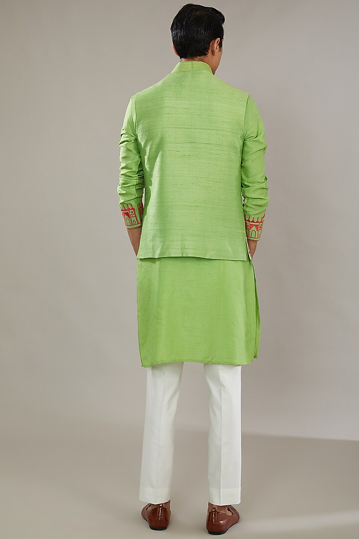 Green Raw Silk Embroidered Bundi Set by AL USTAAD at Pernia's Pop Up Shop