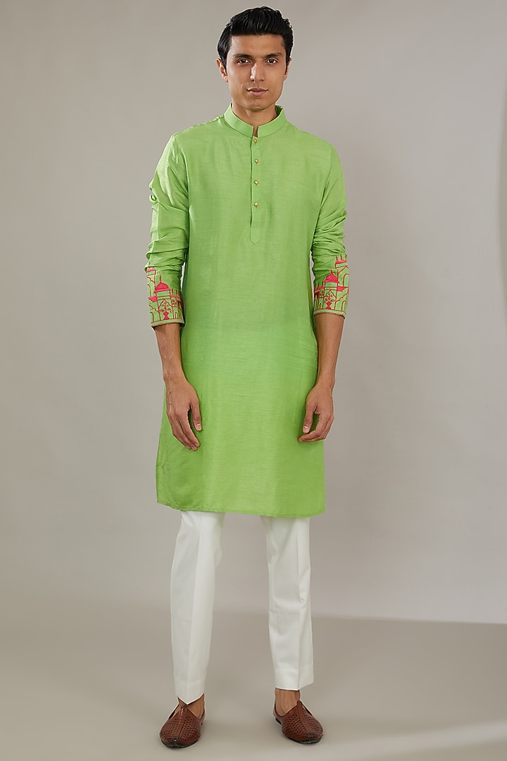 Green Raw Silk Embroidered Bundi Set by AL USTAAD at Pernia's Pop Up Shop