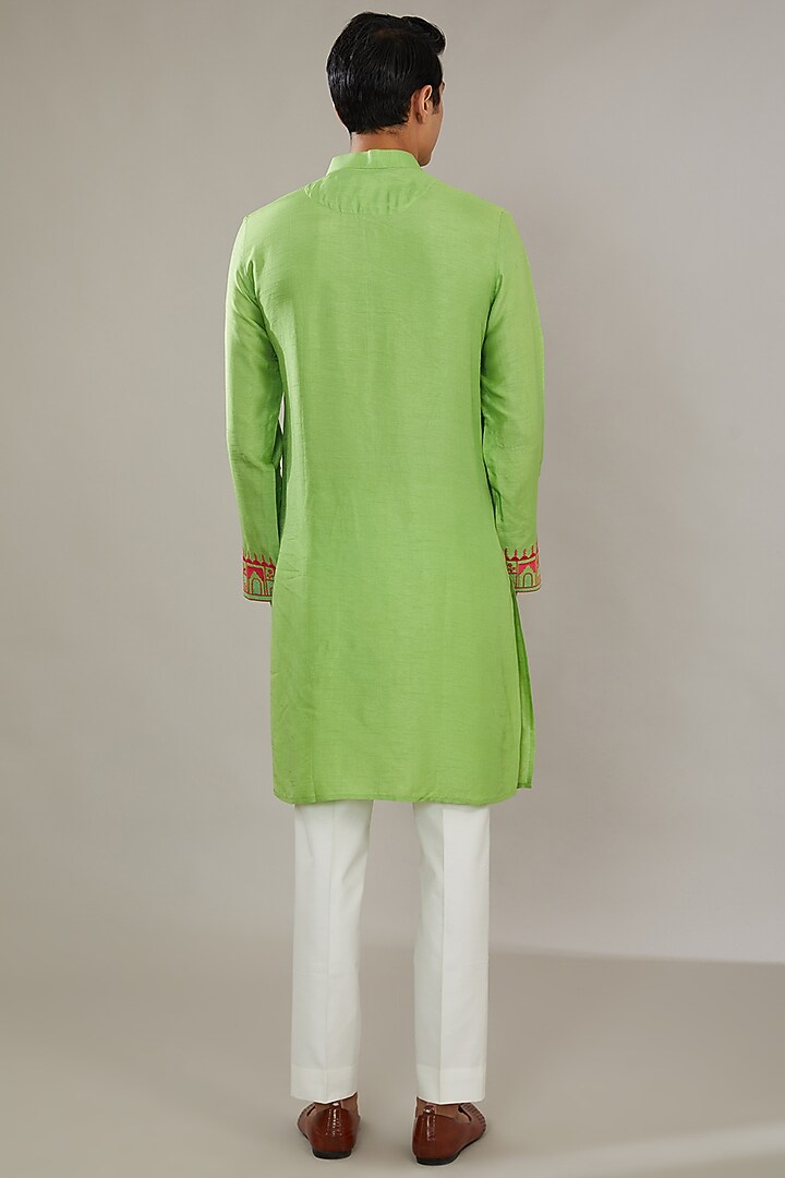 Green Raw Silk Embroidered Bundi Set by AL USTAAD at Pernia's Pop Up Shop