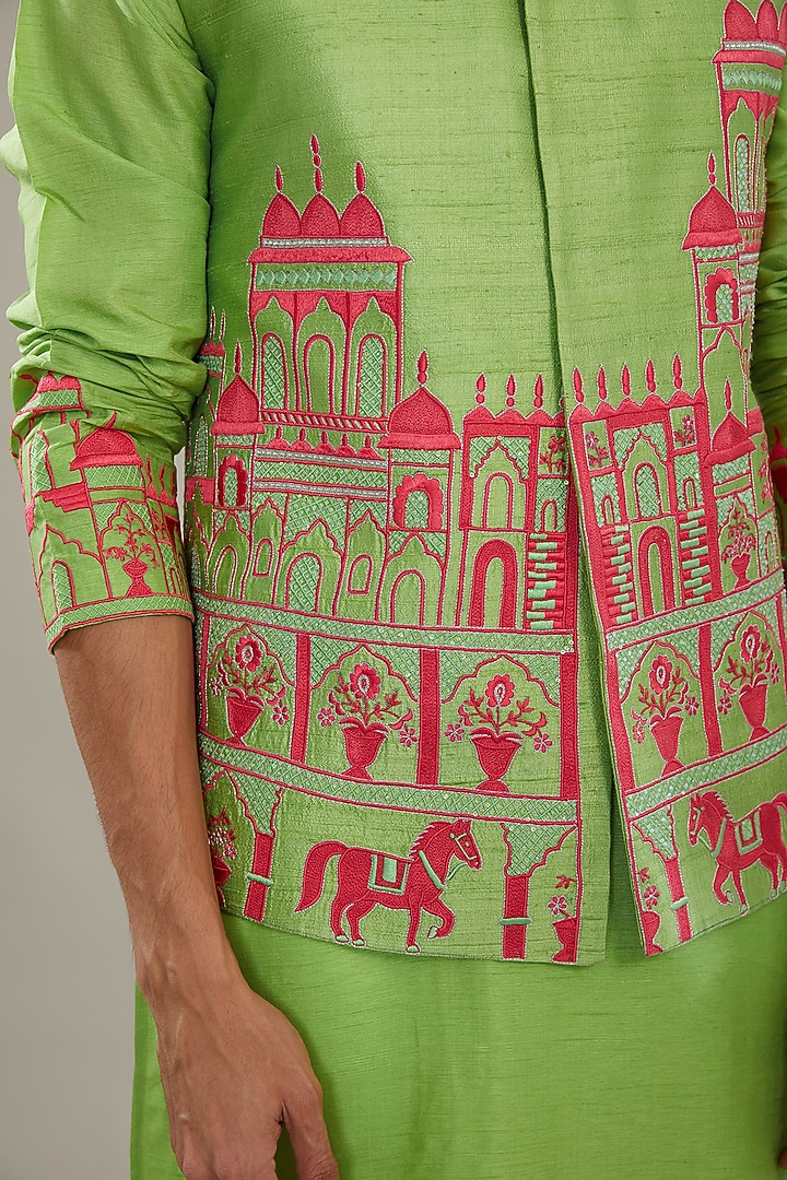 Green Raw Silk Embroidered Bundi Set by AL USTAAD at Pernia's Pop Up Shop