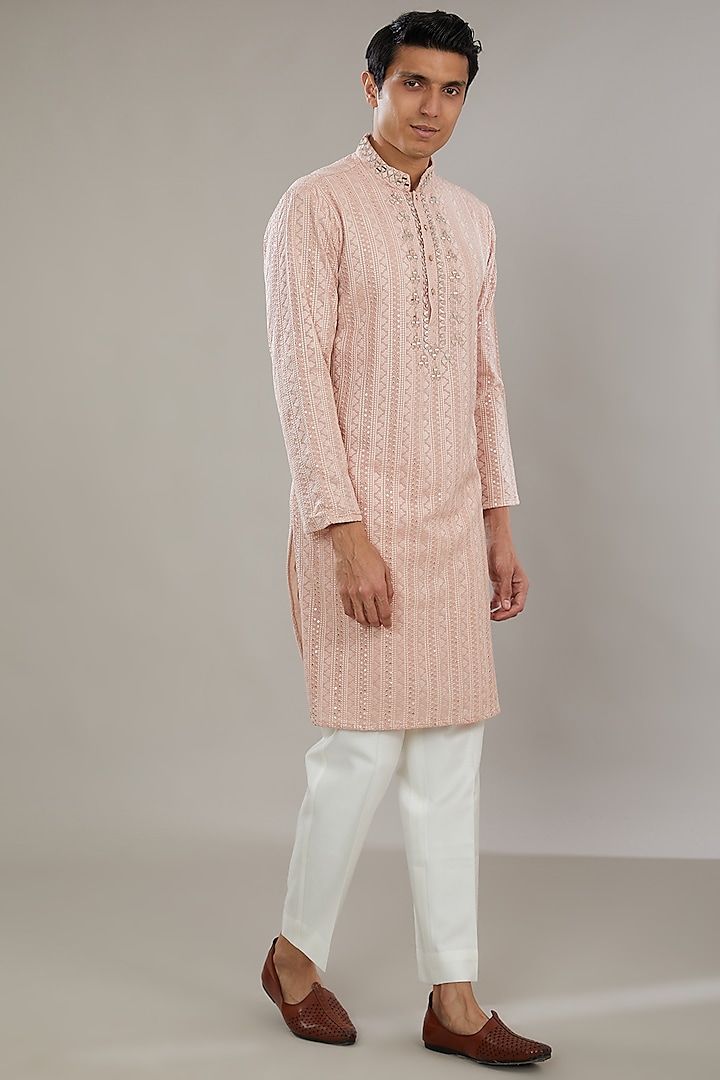 Peach Chikankari Embroidered Kurta Set by AL USTAAD