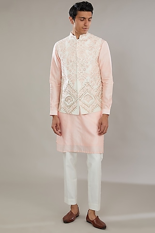 Ivory Cotton Silk Embroidered Bundi Set by AL USTAAD