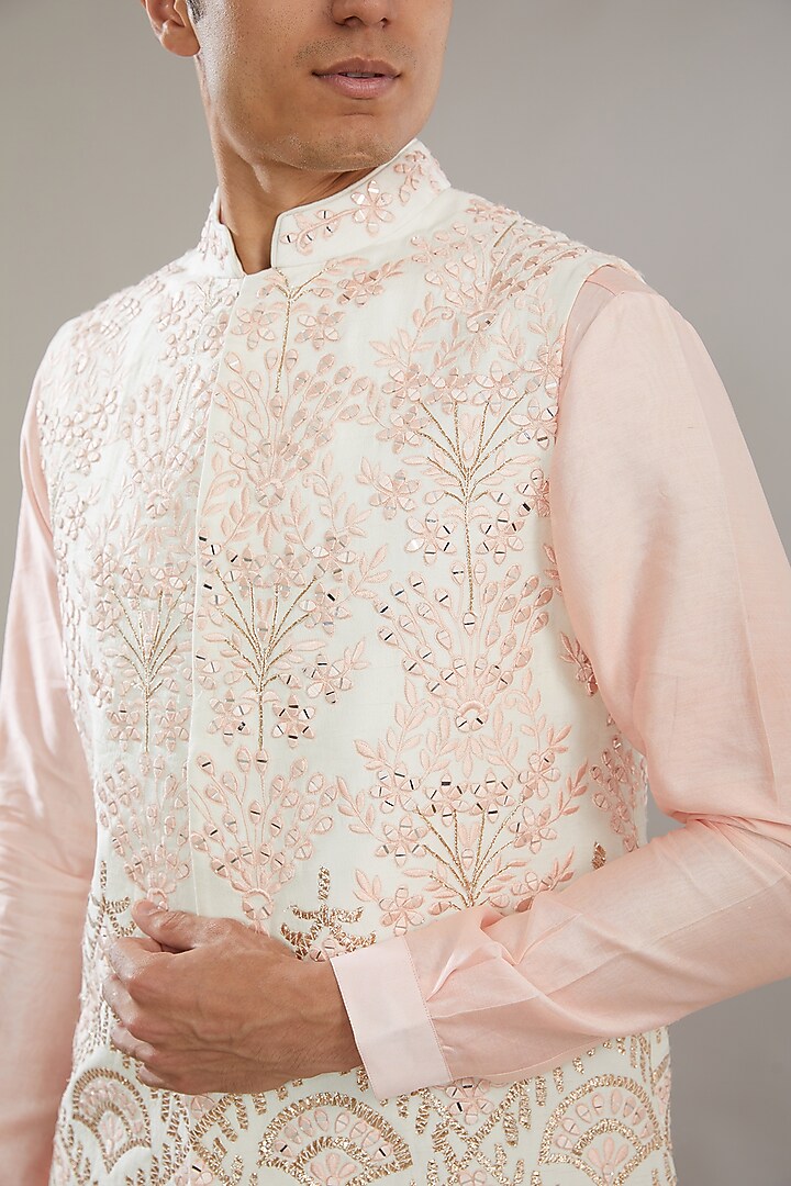 Ivory Cotton Silk Embroidered Bundi Set by AL USTAAD at Pernia's Pop Up Shop