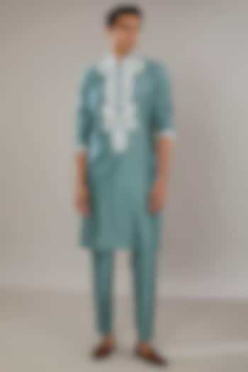 Blue Semi Raw Silk Embroidered Kurta Set by AL USTAAD