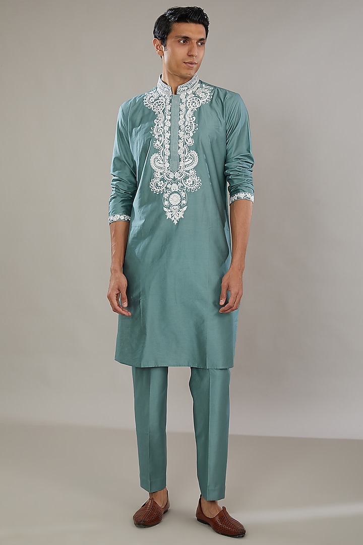 Blue Semi Raw Silk Embroidered Kurta Set by AL USTAAD