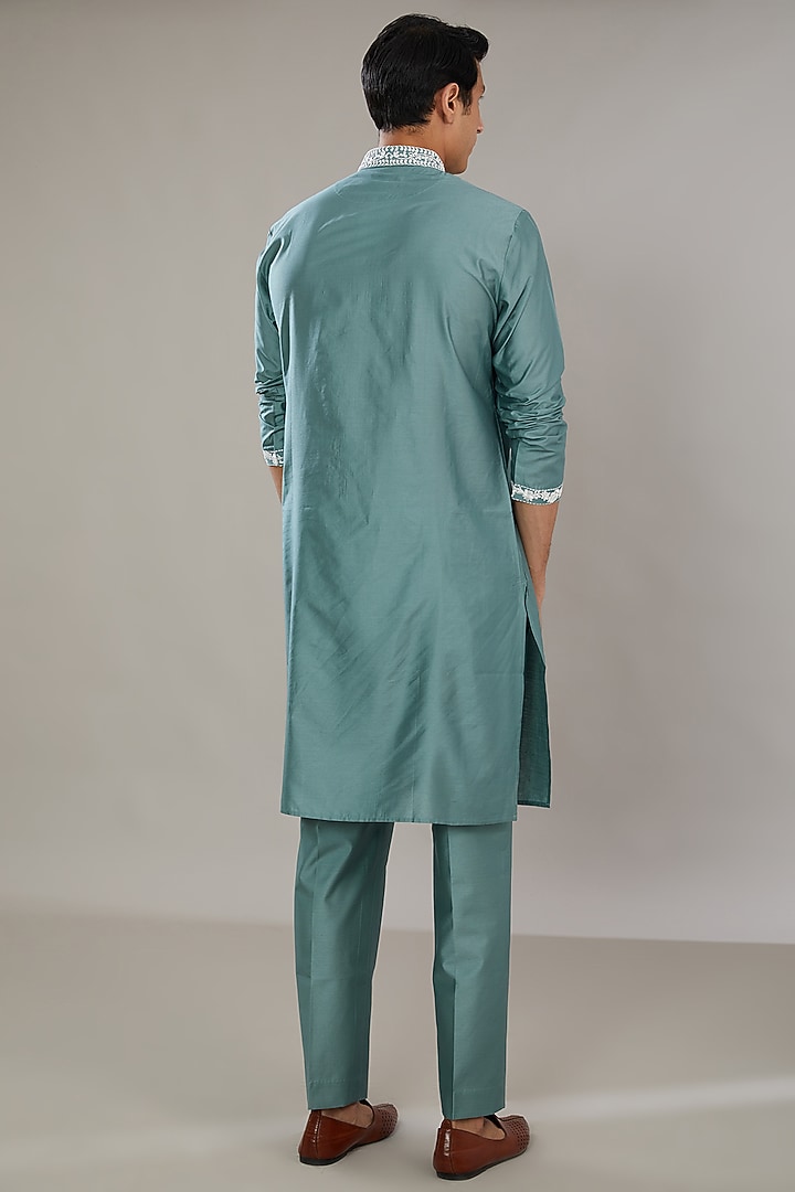 Blue Semi Raw Silk Embroidered Kurta Set by AL USTAAD at Pernia's Pop Up Shop