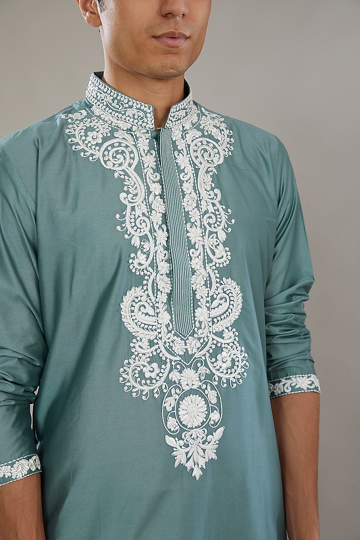 Blue Semi Raw Silk Embroidered Kurta Set by AL USTAAD at Pernia's Pop Up Shop