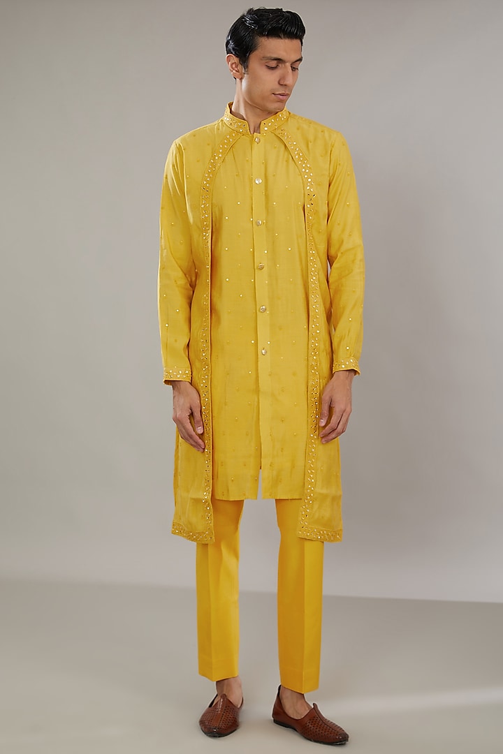 Yellow Cotton Silk Embroidered Kurta Set by AL USTAAD