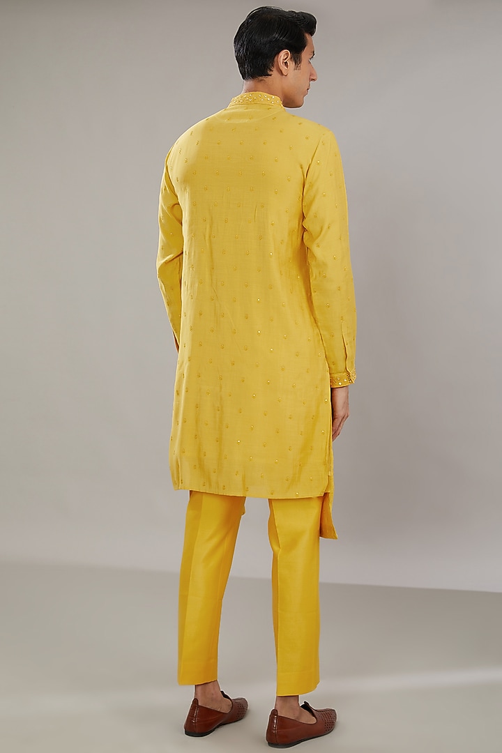 Yellow Cotton Silk Embroidered Kurta Set by AL USTAAD at Pernia's Pop Up Shop