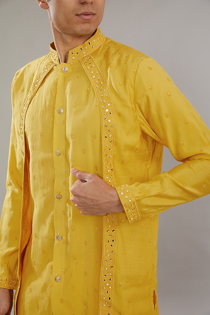 Yellow Cotton Silk Embroidered Kurta Set by AL USTAAD at Pernia's Pop Up Shop