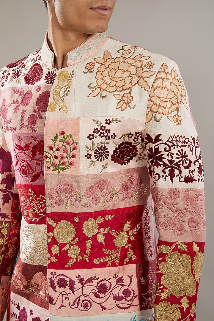 Multi-Colored Raw Silk Embroidered Wedding Bandhgala Set by AL USTAAD at Pernia's Pop Up Shop