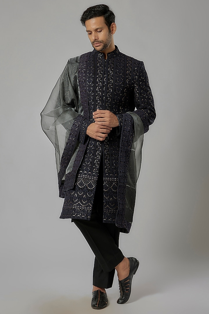 Black Chikankari Embroidered Sherwani Set by AL USTAAD