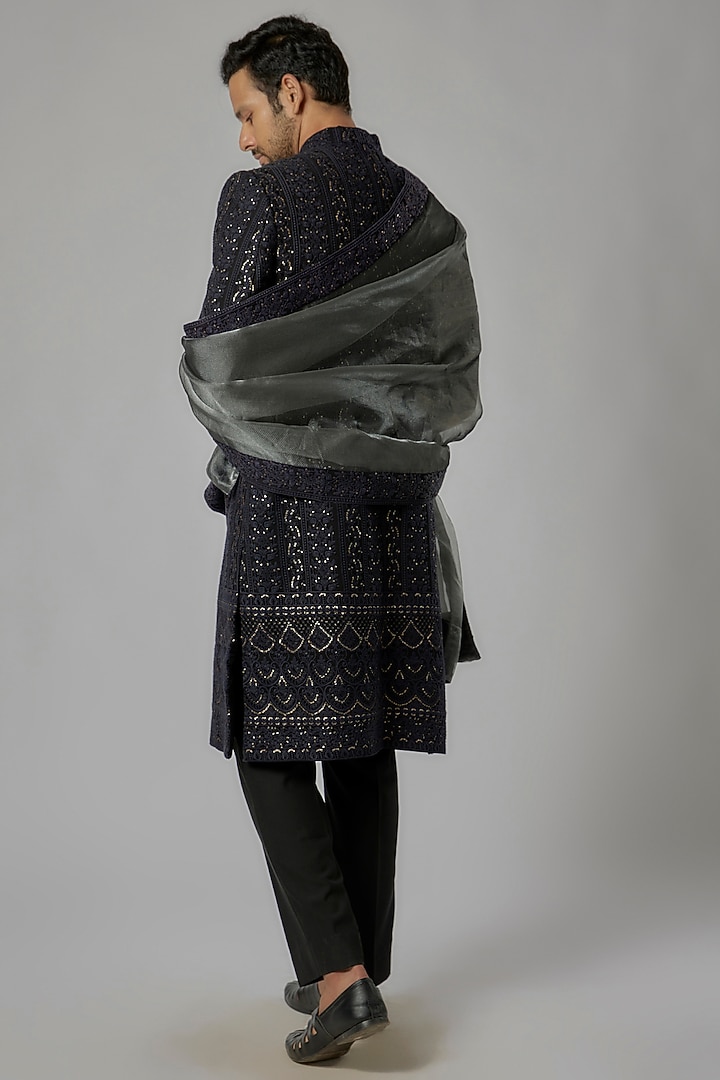 Black Chikankari Embroidered Wedding Sherwani Set by AL USTAAD at Pernia's Pop Up Shop