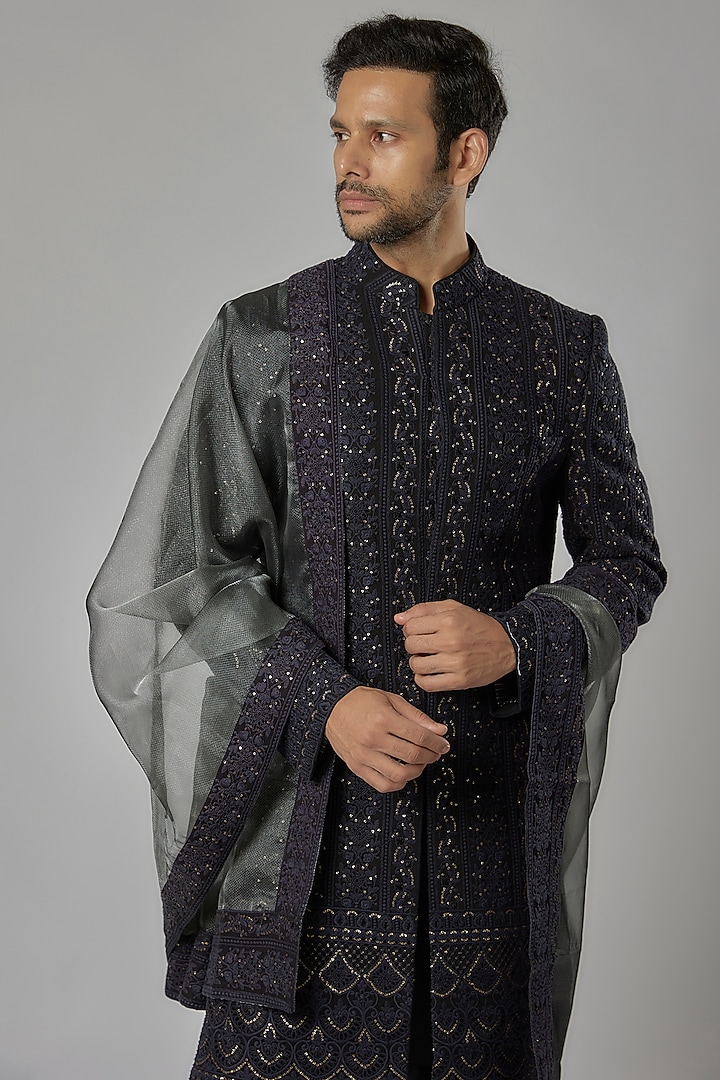 Black Chikankari Embroidered Wedding Sherwani Set by AL USTAAD at Pernia's Pop Up Shop