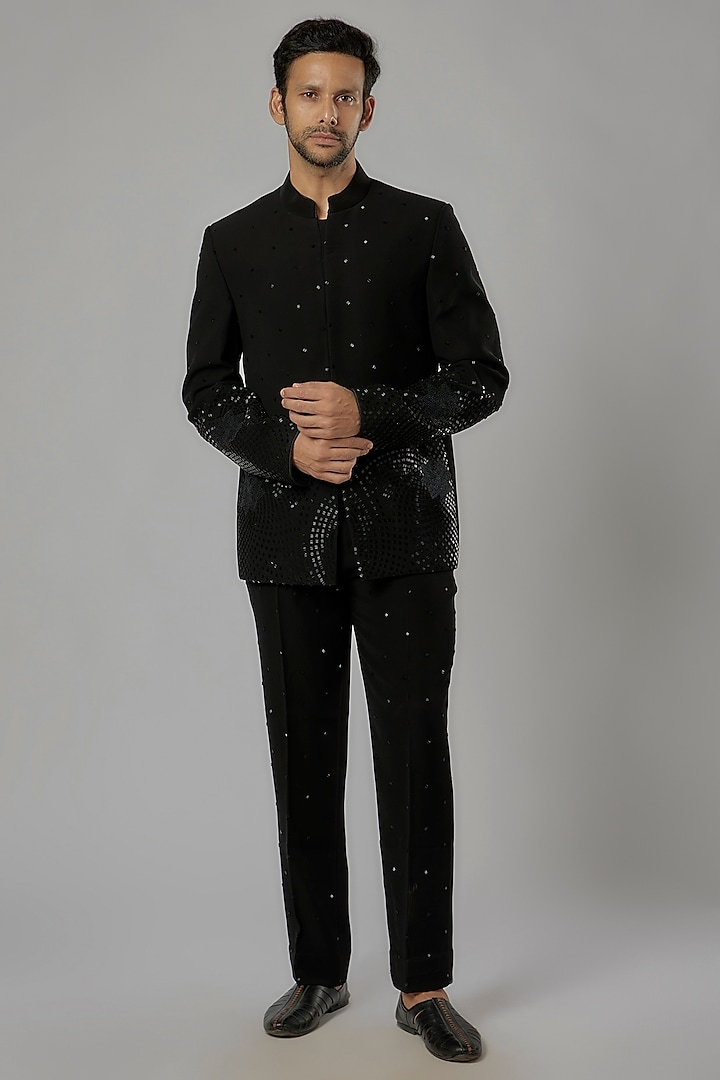 Black Italian Hand Embroidered Jodhpuri Set by AL USTAAD