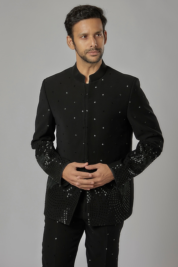 Black Italian Hand Embroidered Jodhpuri Set by AL USTAAD at Pernia's Pop Up Shop