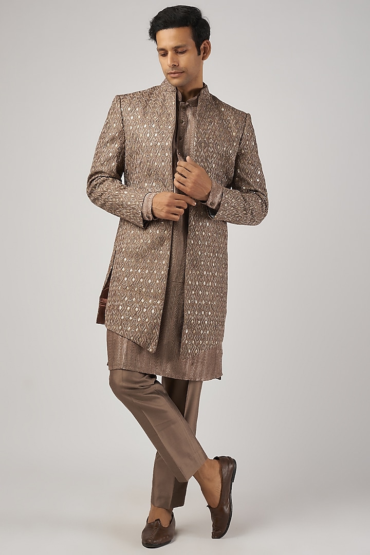 Brown Silk Embroidered Indo-Western Set by AL USTAAD