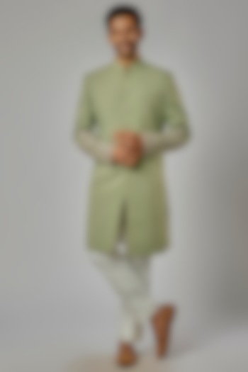 Green Italian Fabric Hand Embroidered Wedding Indowestern Set by AL USTAAD at Pernia's Pop Up Shop