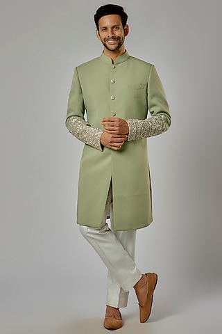 Green Italian Fabric Hand Embroidered Indowestern Set by AL USTAAD