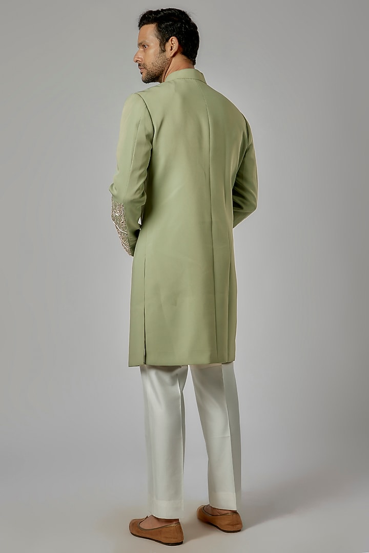 Green Italian Fabric Hand Embroidered Wedding Indowestern Set by AL USTAAD at Pernia's Pop Up Shop