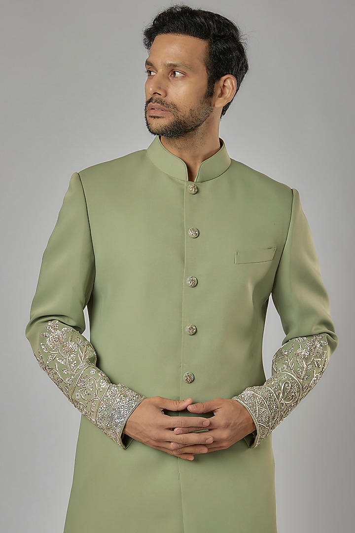 Green Italian Fabric Hand Embroidered Wedding Indowestern Set by AL USTAAD at Pernia's Pop Up Shop