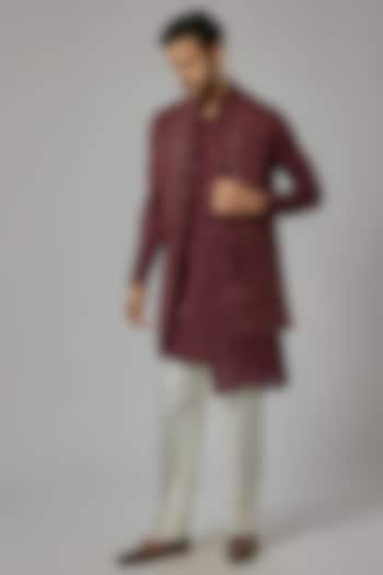 Maroon Chikankari Embroidered Indowestern Set by AL USTAAD