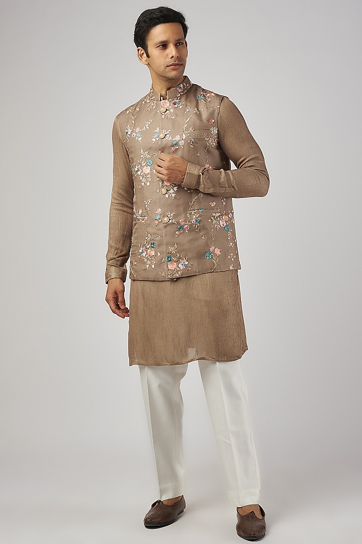 Brown Cotton Silk Machine Embroidered Bundi Jacket Set by AL USTAAD