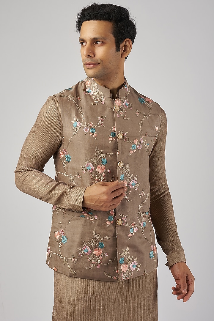 Brown Cotton Silk Machine Embroidered Bundi Jacket Set by AL USTAAD at Pernia's Pop Up Shop