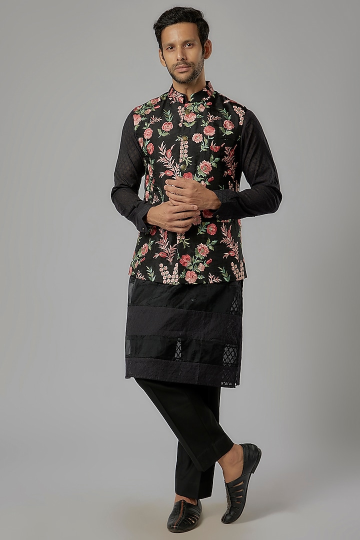 Black Floral Embroidered Bundi Jacket Set by AL USTAAD