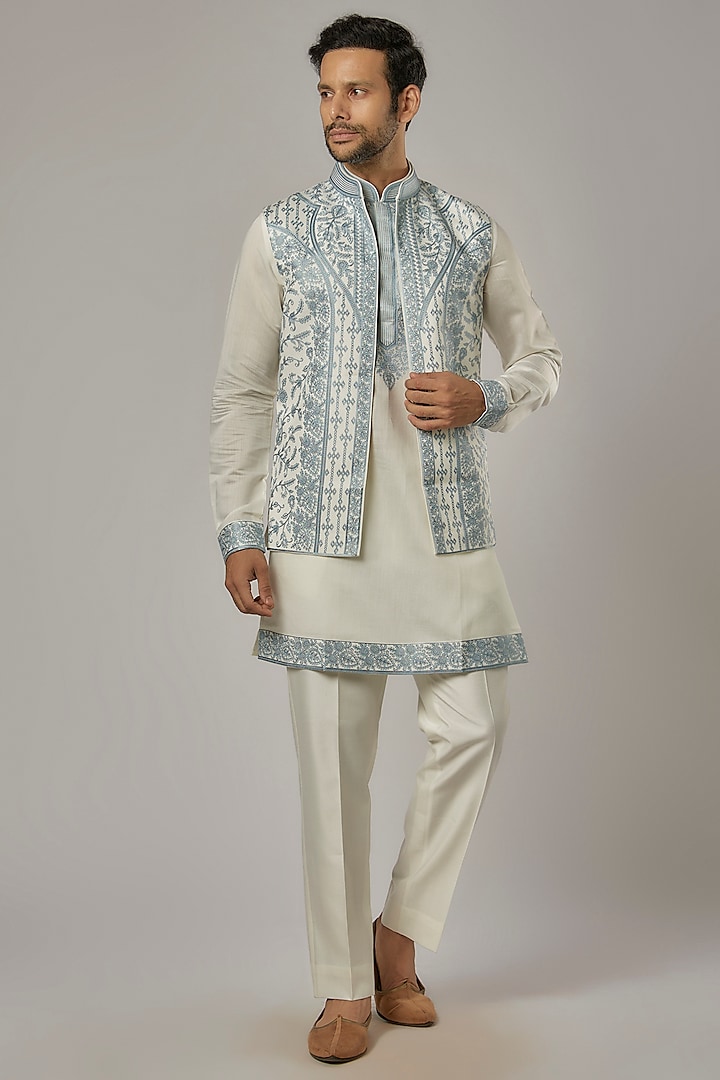 Sky Blue Silk Machine Embroidered Indowestern Set by AL USTAAD