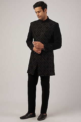 Black Italian Stretch Machine Embroidered Indo-Western Set by AL USTAAD