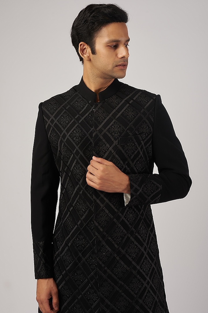 Black Italian Stretch Machine Embroidered Indo-Western Set by AL USTAAD at Pernia's Pop Up Shop