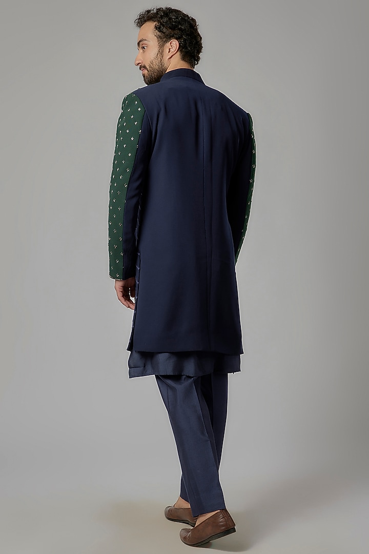 Blue Italian Fabric Hand Embroidered Wedding Indowestern Set by AL USTAAD at Pernia's Pop Up Shop