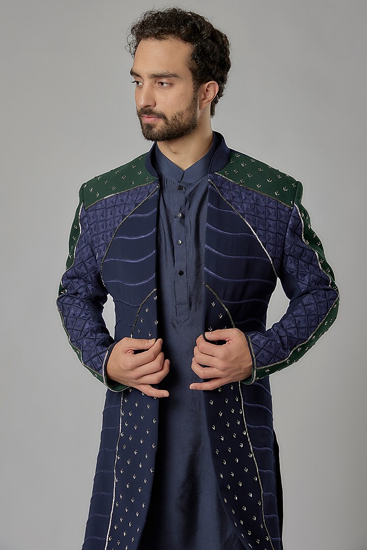 Blue Italian Fabric Hand Embroidered Wedding Indowestern Set by AL USTAAD at Pernia's Pop Up Shop